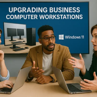 AI-generated image of three business people sitting in an office discussing upgrading their business hardware.
