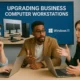 AI-generated image of three business people sitting in an office discussing upgrading their business hardware.